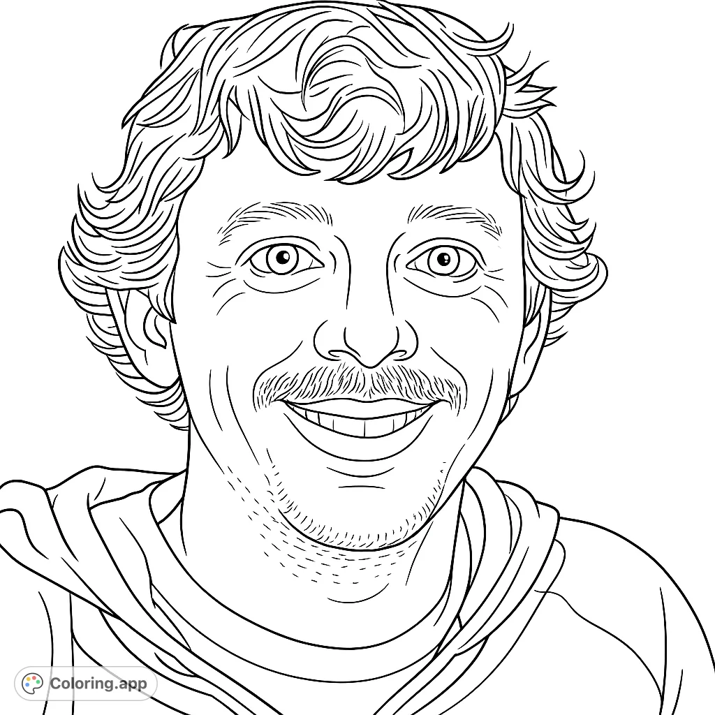 Capture the cheerful spirit of a smiling man with wavy hair and a mustache. This portrait offers expressive details for a delightful coloring experience.
