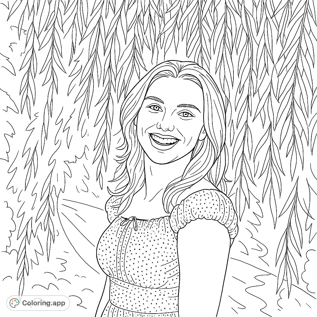 A joyful young woman smiles under a canopy of weeping willow branches. Perfect for exploring natural textures and expressions in your next coloring adventure.