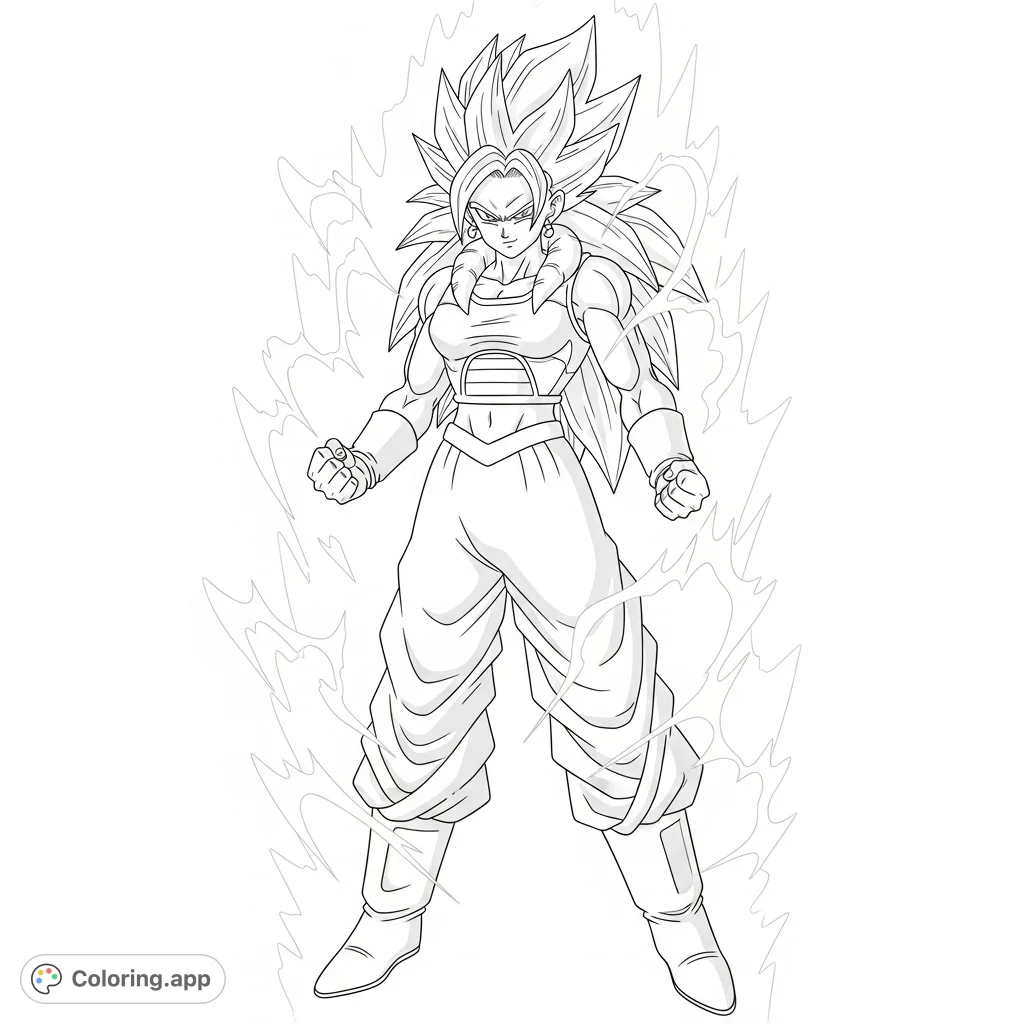 Unleash your inner artist with this dynamic Saiyan woman in True Ultra Instinct coloring page, a free printable for fans. Depicts raw power and serene focus.