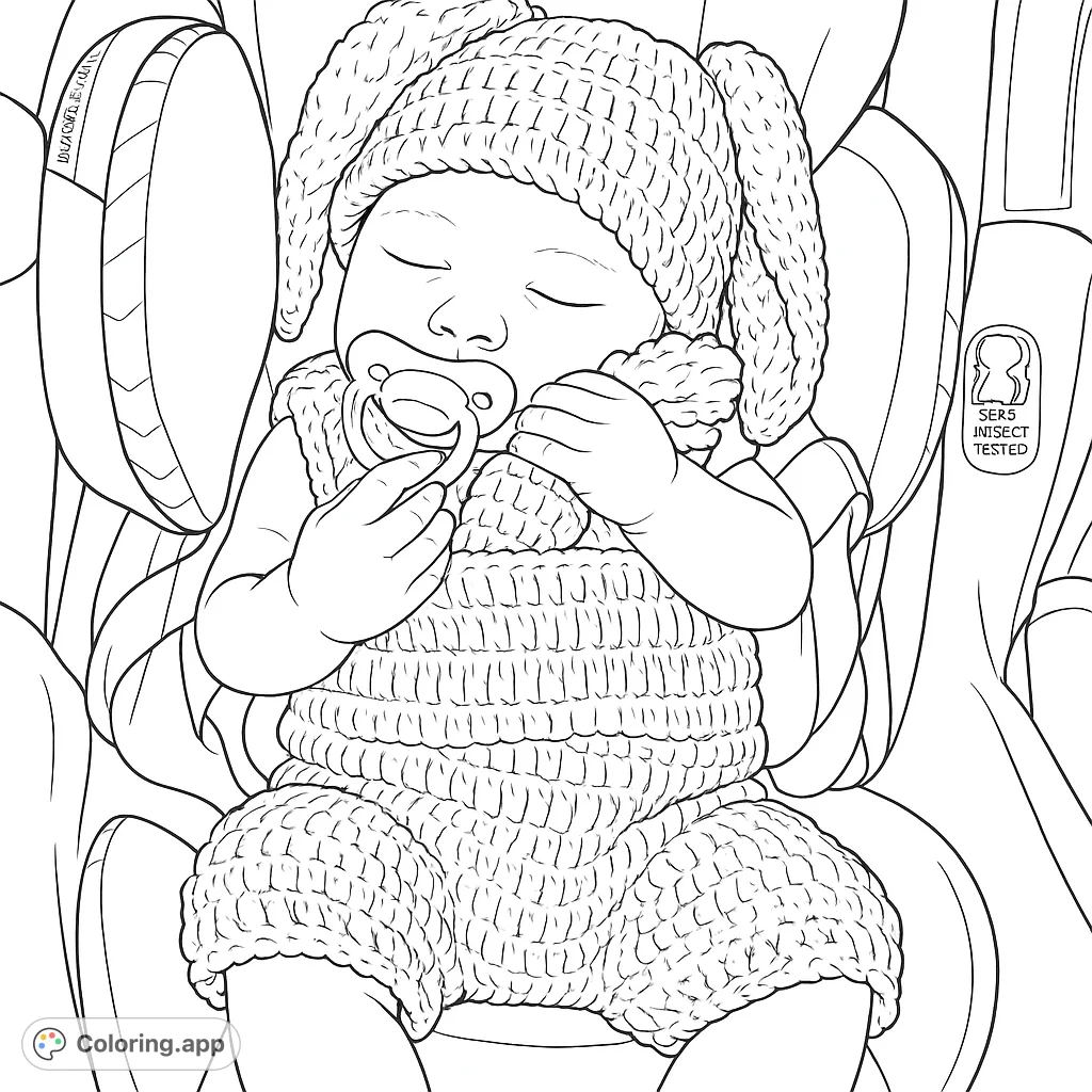 A precious newborn baby, dressed in a soft crocheted bunny outfit, peacefully sleeps in a car seat, holding a tiny carrot and pacifier.