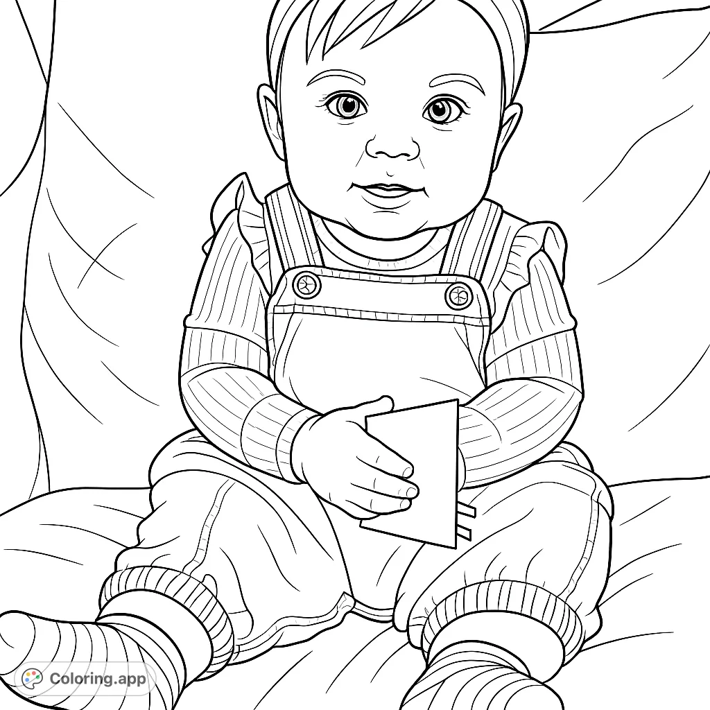 An adorable baby in patterned overalls and a ribbed shirt sits with a gentle smile, holding a small object. Perfect for capturing precious moments and creative expression.