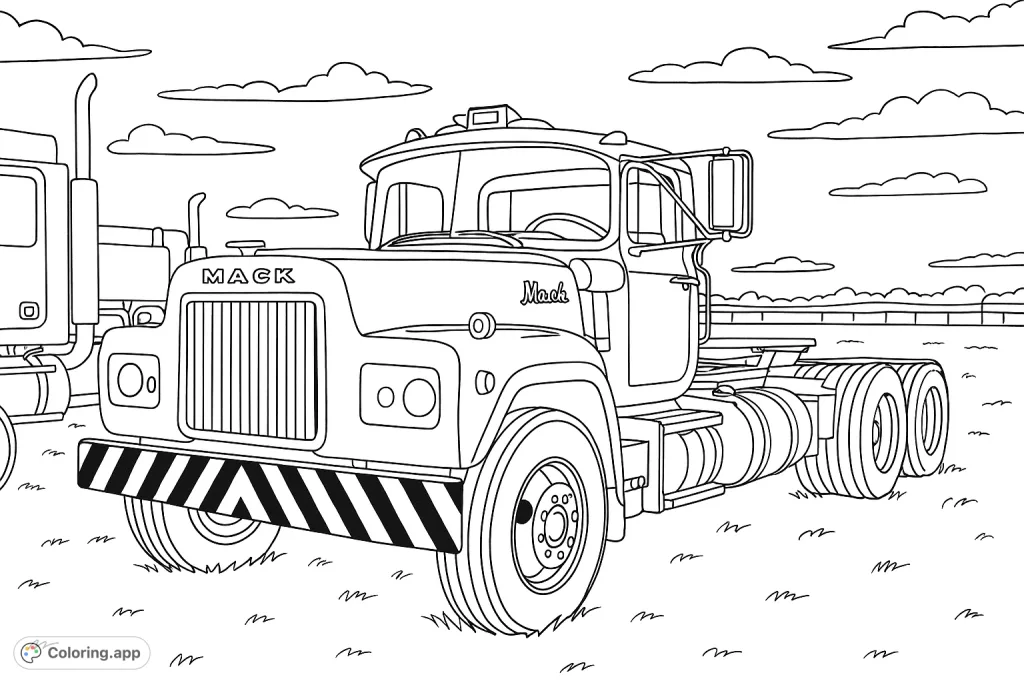 Color a powerful, classic Mack semi-truck parked in an open field under a cloudy sky. Features detailed grille, large wheels, and a striped bumper.
