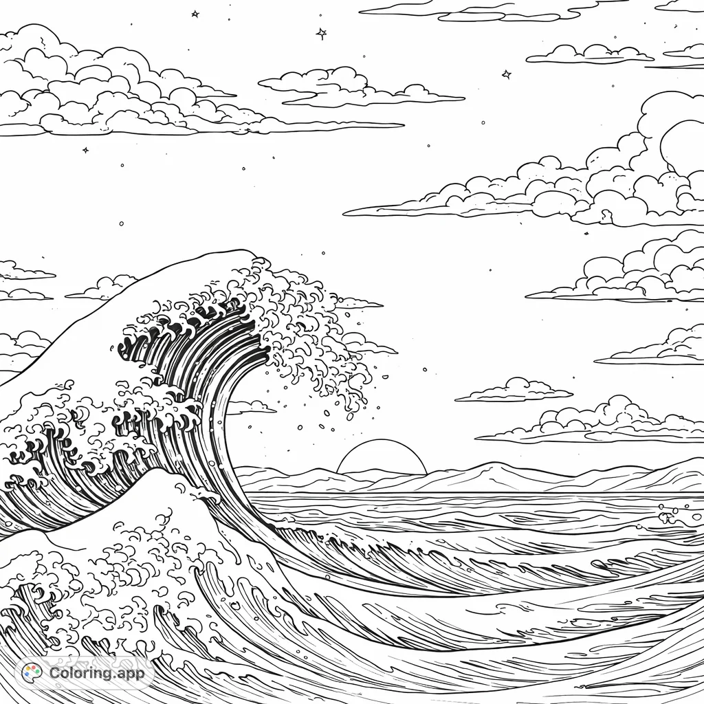 Immerse yourself in a dramatic ocean wave scene featuring a powerful cresting wave, a tranquil sunset, and distant mountains. Perfect for detailed coloring.