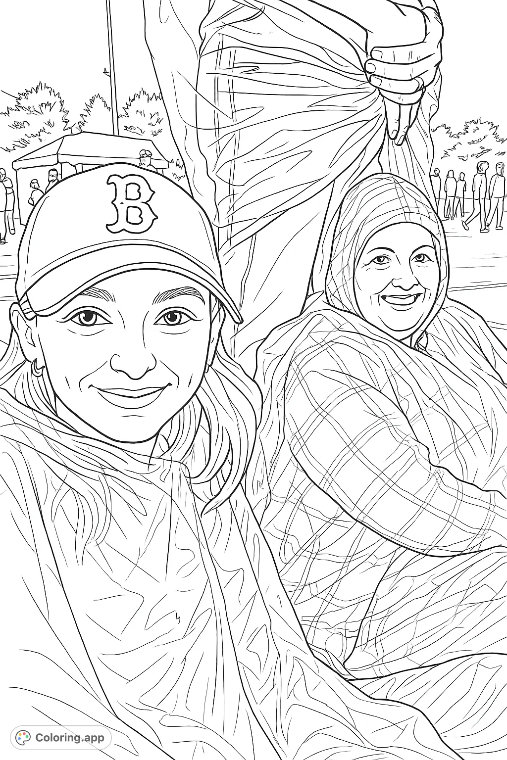 Two smiling individuals in rain ponchos enjoy an outdoor event. Features a detailed cap and plaid patterns for engaging coloring.