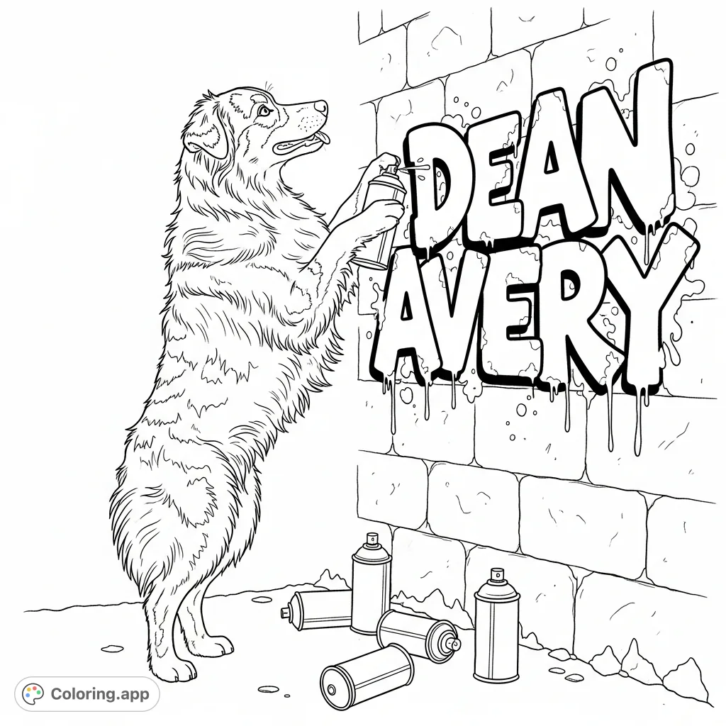 A creative Australian Shepherd dog paints custom graffiti "Dean Avery" on a textured brick wall, surrounded by spray cans. A fun, artistic coloring page.