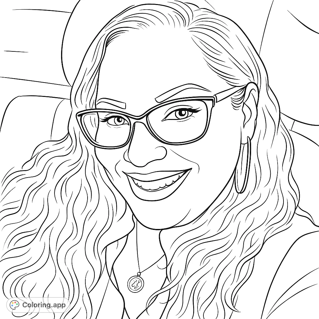 A striking portrait of a smiling woman with eyeglasses and flowing hair. Perfect for personalizing with your favorite shades and techniques.