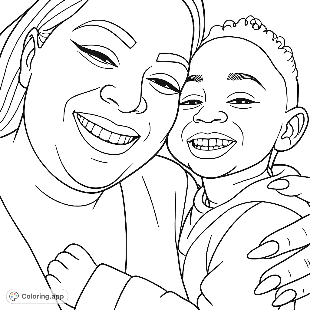 A heartwarming mother and child portrait. Capture tender smiles and a loving embrace in this family coloring page.