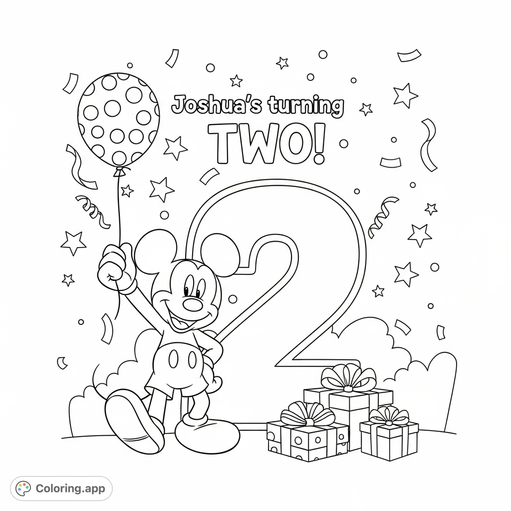Celebrate Joshua's second birthday with Mickey Mouse! This cheerful coloring page features Mickey, a festive balloon, and a prominent "2," perfect for young fans.