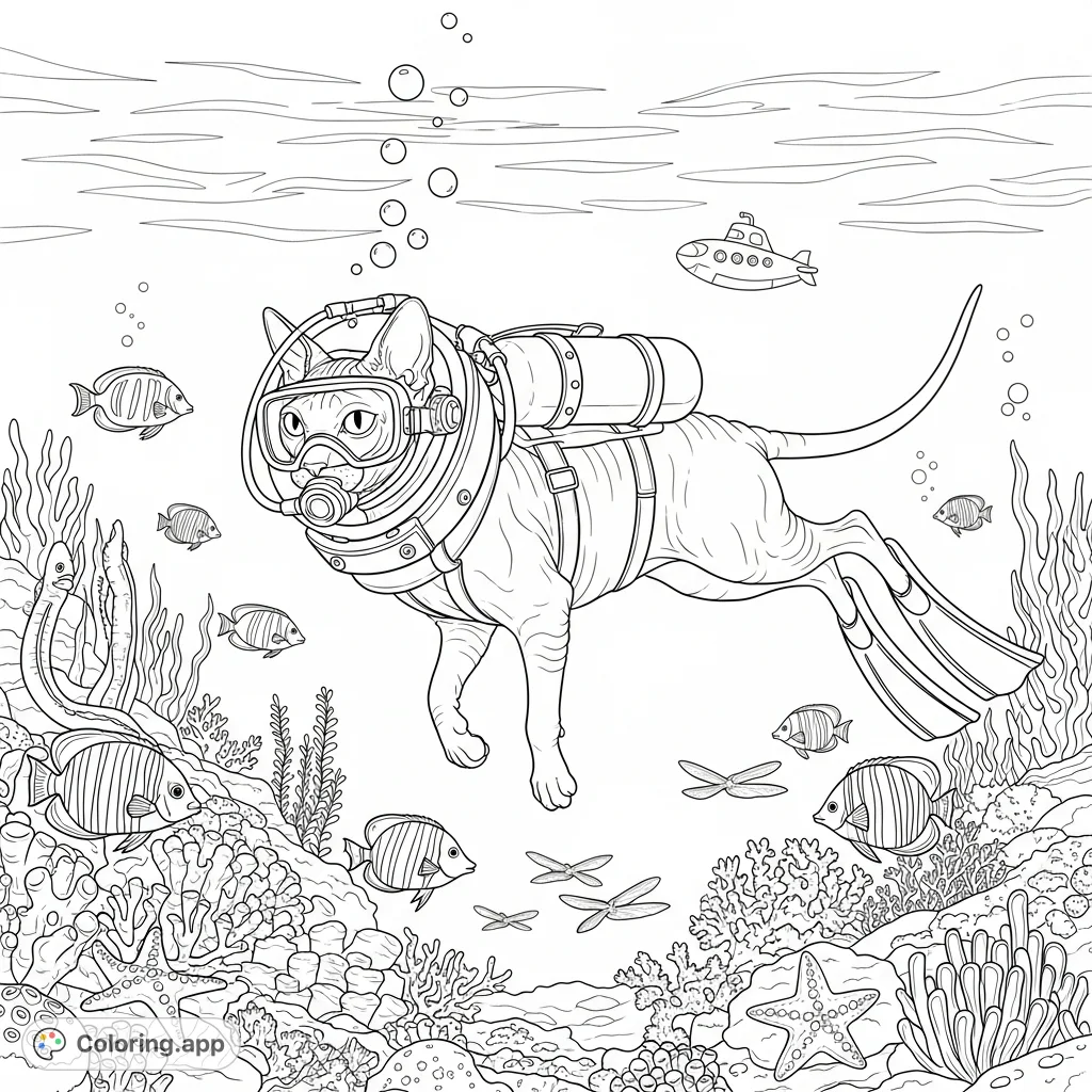 Dive into an enchanting underwater world with a unique Sphynx cat scuba diving amidst a detailed coral reef, surrounded by diverse marine life and a submarine.