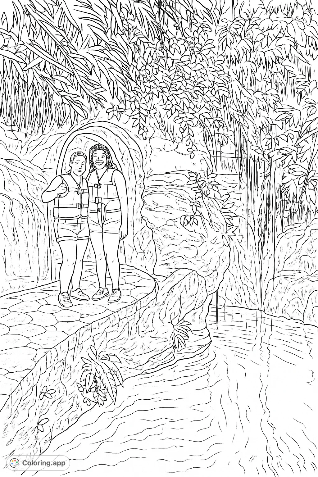 Explore a captivating cenote cave with two adventurers on a stone path, surrounded by lush tropical plants and tranquil waters. A serene natural exploration scene.