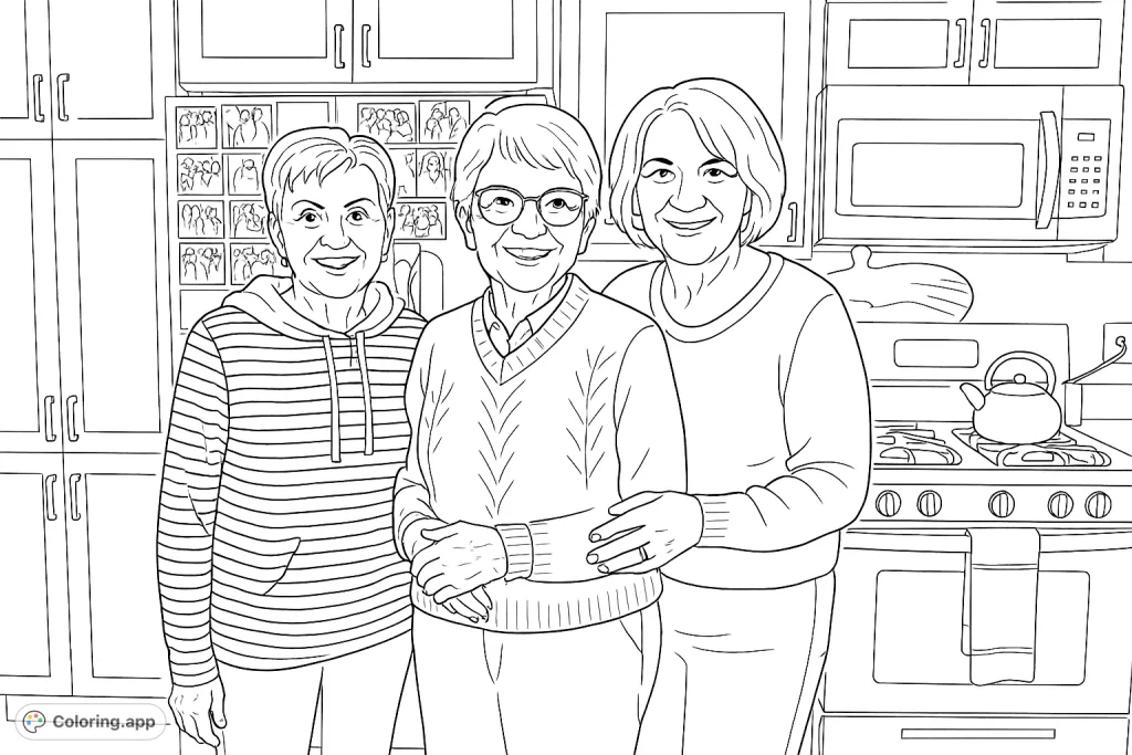 A heartwarming coloring page featuring three smiling women in a home kitchen, surrounded by familiar household elements. Perfect for personalizing.