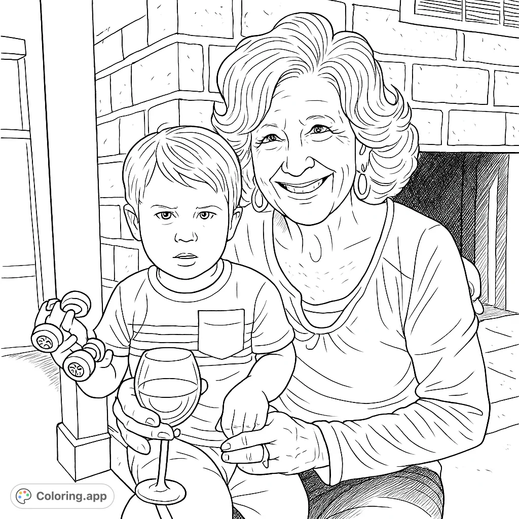 A heartwarming scene featuring a smiling grandmother holding her grandson, who holds a toy car and a glass, against a detailed brick fireplace backdrop.