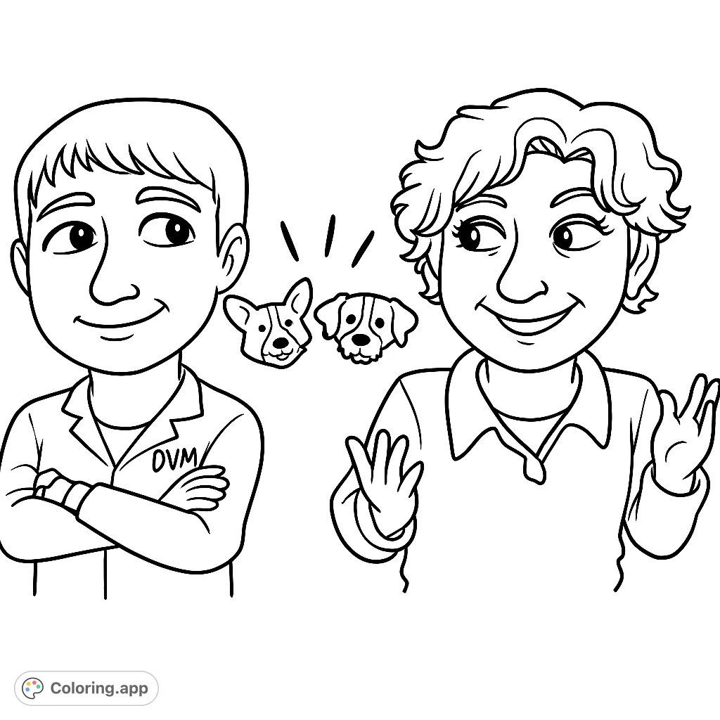 A charming cartoon of a veterinarian and a pet owner, sharing thoughts about two adorable dog companions. Perfect for animal lovers.