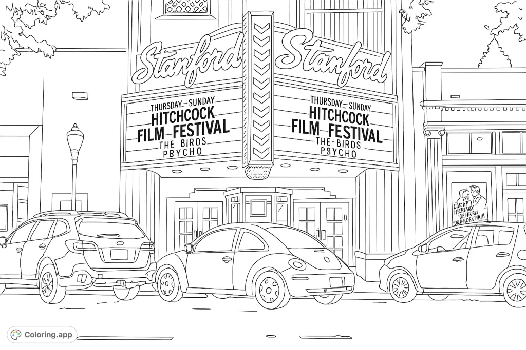 Step back in time with this classic movie theater facade featuring an iconic marquee and vintage cars. Perfect for film enthusiasts and urban scene lovers!