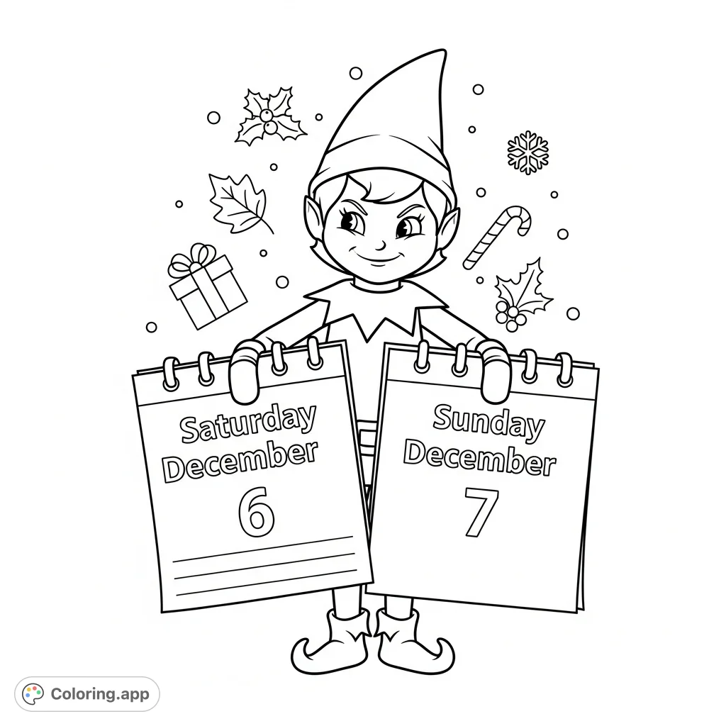 A mischievous Elf on the Shelf reveals key December dates, perfect for holiday-themed coloring fun and seasonal creativity.