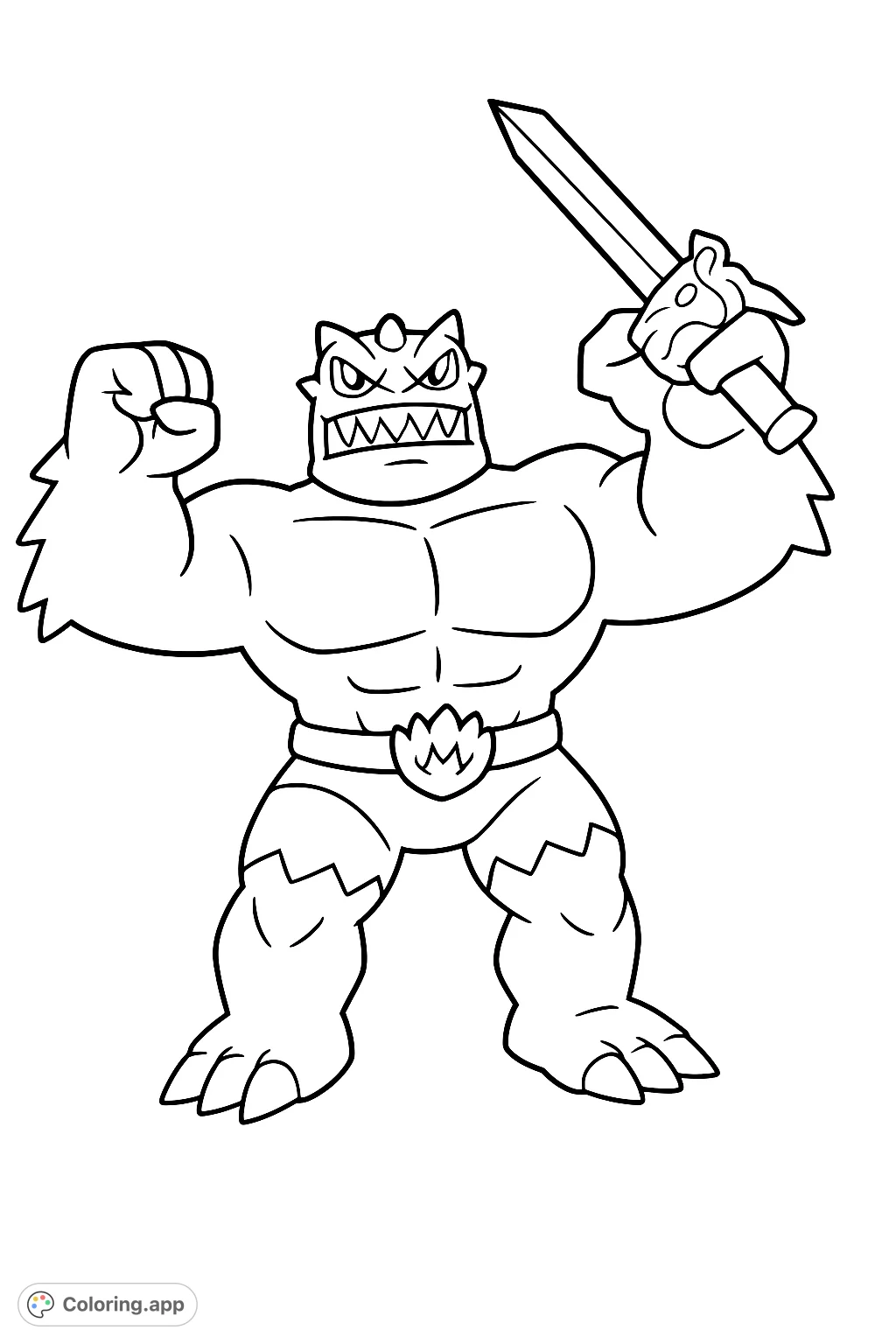 Unleash your creativity with this powerful monster warrior, flexing its muscles and wielding a sword. A dynamic scene for imaginative colorists!