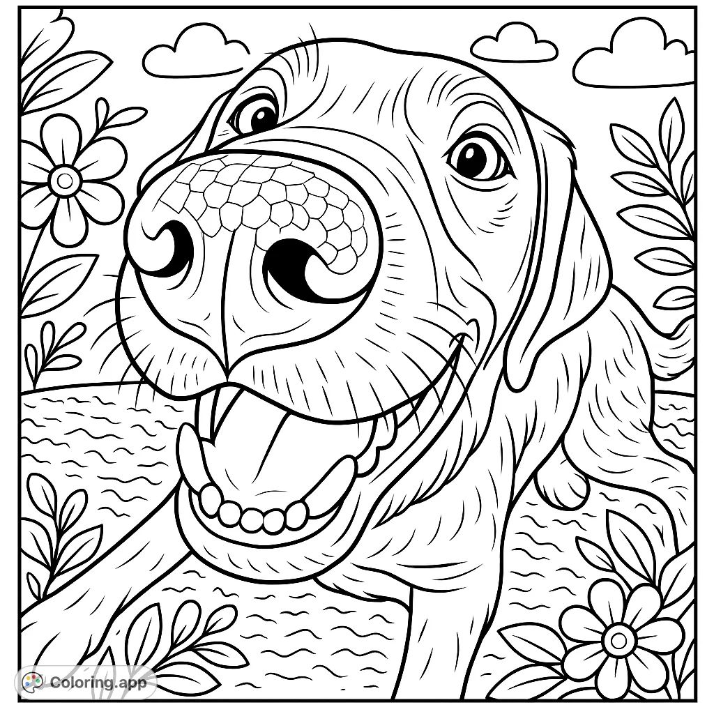 A delightful cartoony coloring page featuring a happy dog's playful close-up from a fisheye perspective, ready for vibrant colors and creative fun.
