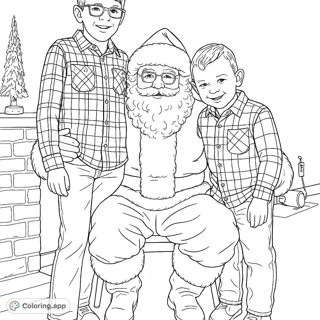 Capture the holiday spirit! A heartwarming Santa Claus poses with two happy children in festive plaid shirts, ready for your creative touch.