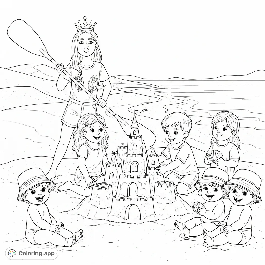 Six happy children, from babies to a 9-year-old, enjoy a sunny beach day with a magnificent sandcastle, paddle, and shells. A heartwarming beach children coloring page.