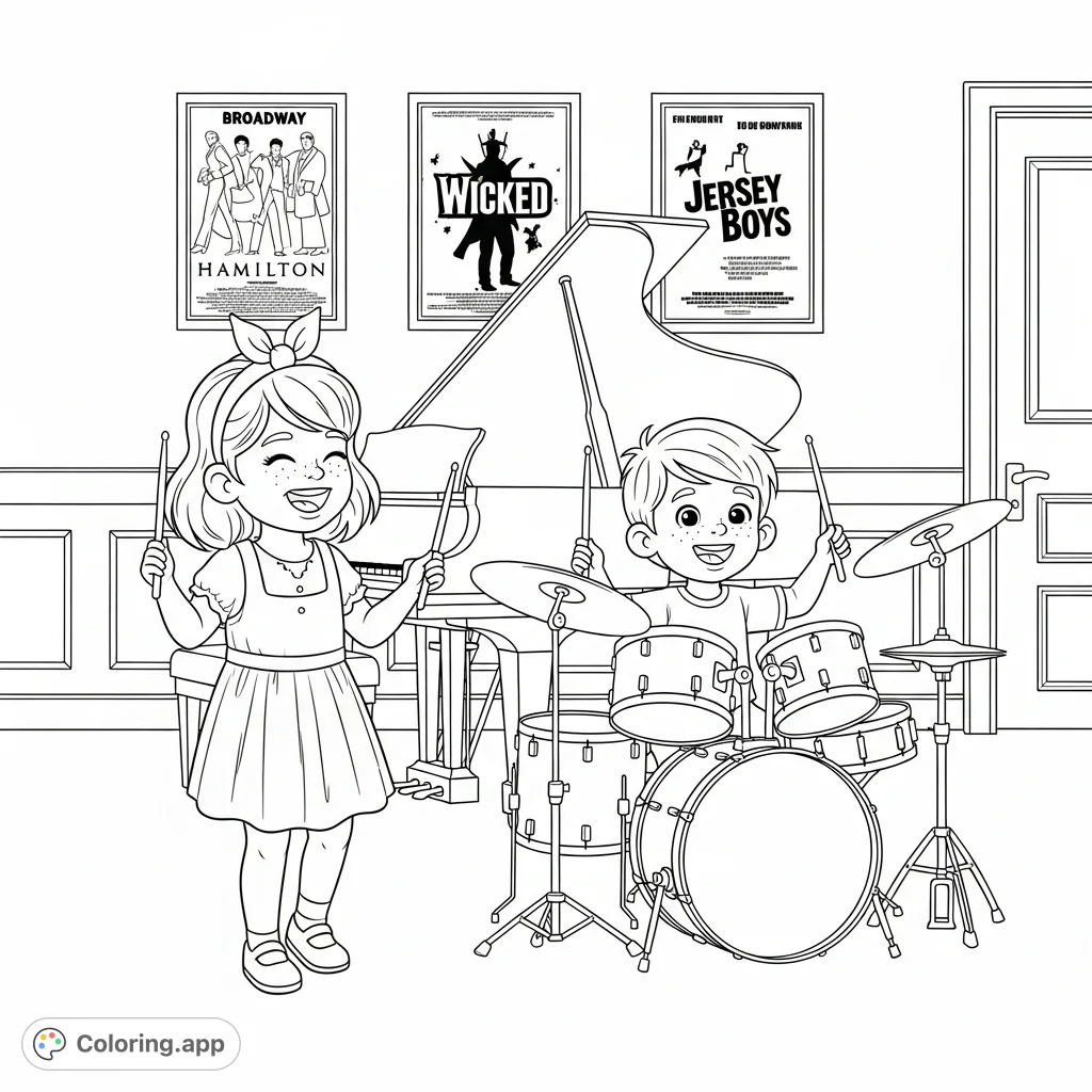 A dynamic coloring page featuring two joyful cousins playing drums and piano, with classic Broadway show posters (Hamilton, Wicked, Jersey Boys) as a vibrant backdrop.