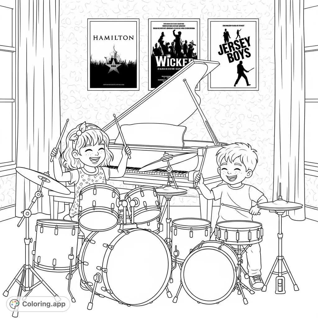 Two joyful cousins, a girl and a boy, energetically play their drum sets, surrounded by musical instruments and iconic Broadway posters. A fun musical adventure awaits!
