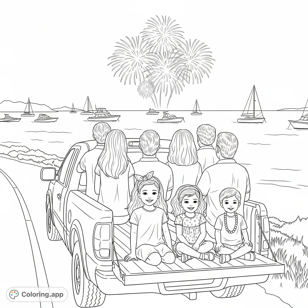 A joyous family watches fireworks over the ocean from their truck bed on Chappaquidick Island. Kids and adults share a memorable evening.
