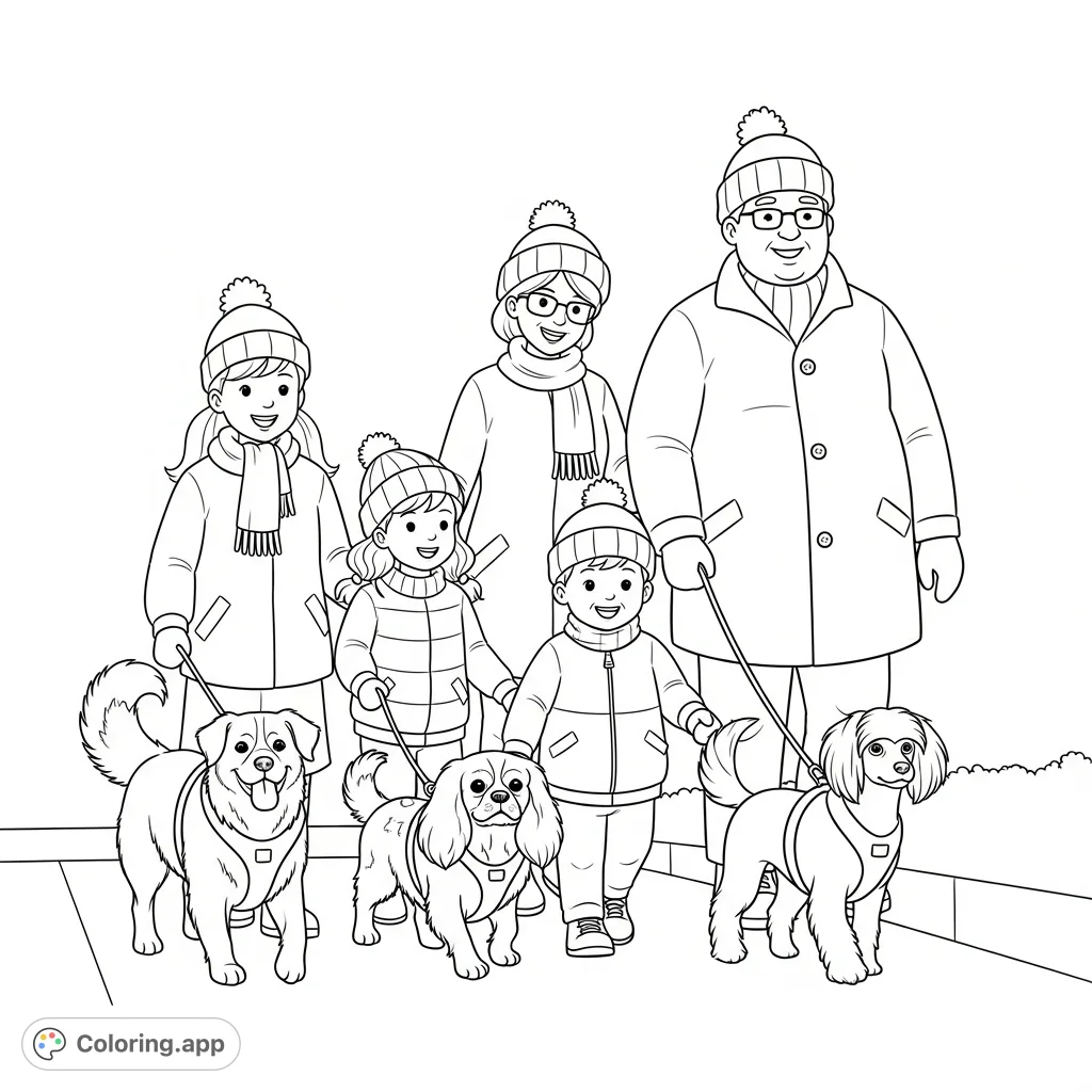 Join five happy individuals and their three leashed dogs on a pleasant winter walk. Featuring a fluffy-tailed companion, a King Charles Spaniel, and a Crested Malt.