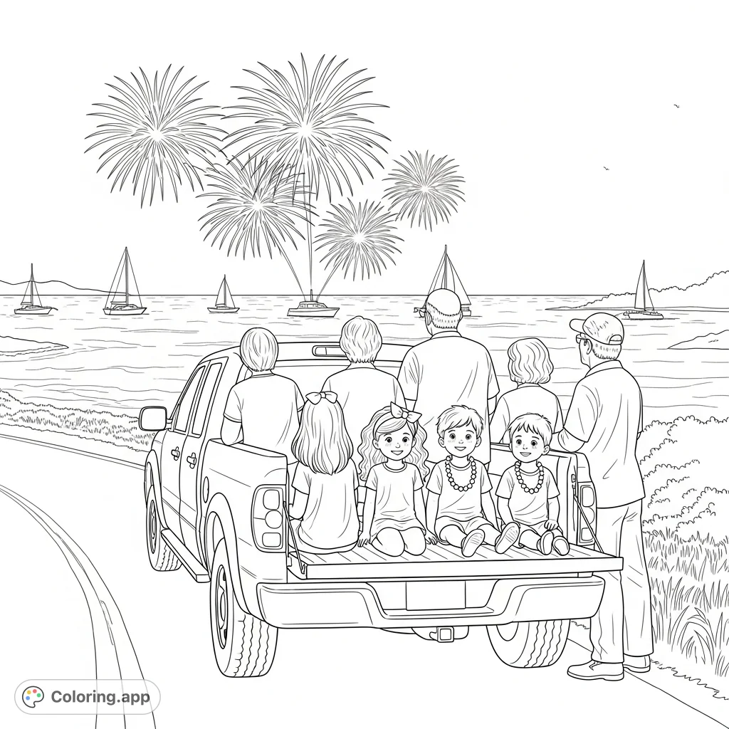 Witness a joyful family moment on Chappaquiddick Island as children and adults watch fireworks explode over the ocean from a truck bed. A memorable coastal scene.