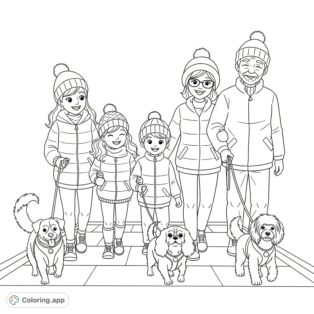 A cheerful family, including children, a woman, and a grandpa, enjoys a brisk winter walk with their three distinct dogs, all bundled in warm coats.