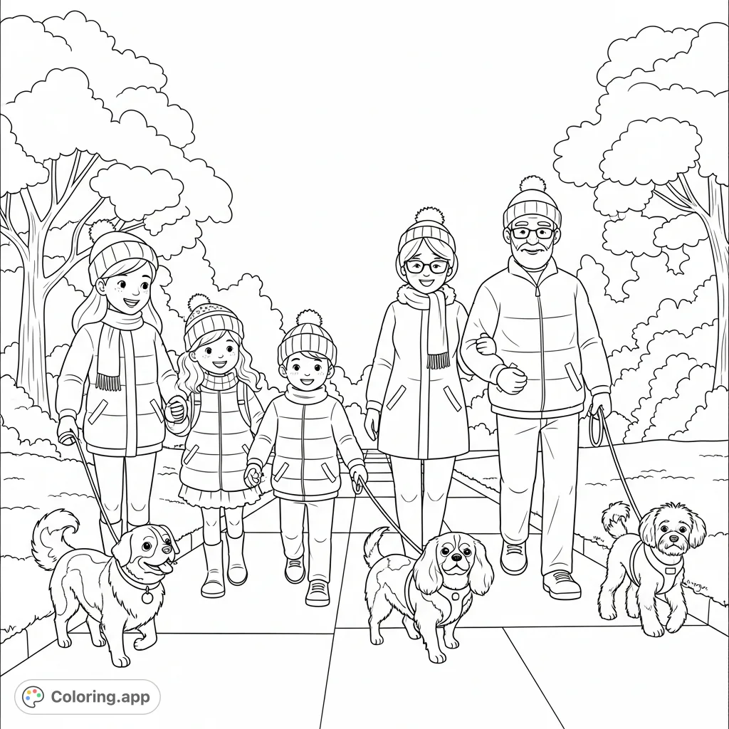 Experience a heartwarming winter scene featuring a multi-generational family and their three dogs enjoying a snowy walk, perfect for a cozy, free printable winter walk coloring page.