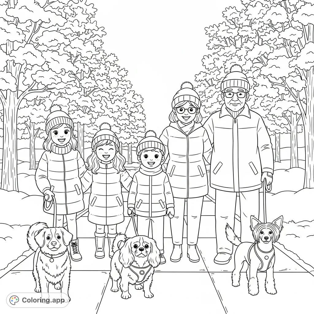 A heartwarming winter walk featuring a joyful family and their three distinct canines, bundled in thick coats amidst snow-covered trees on a paved sidewalk.