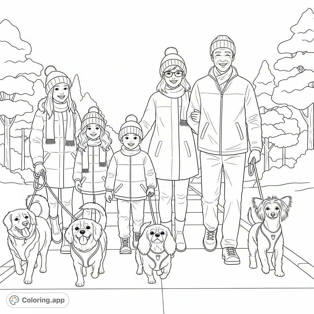 A delightful winter coloring page featuring a cheerful family of five – a grandpa, woman, and three children – walking with three distinct dogs on a snowy sidewalk.