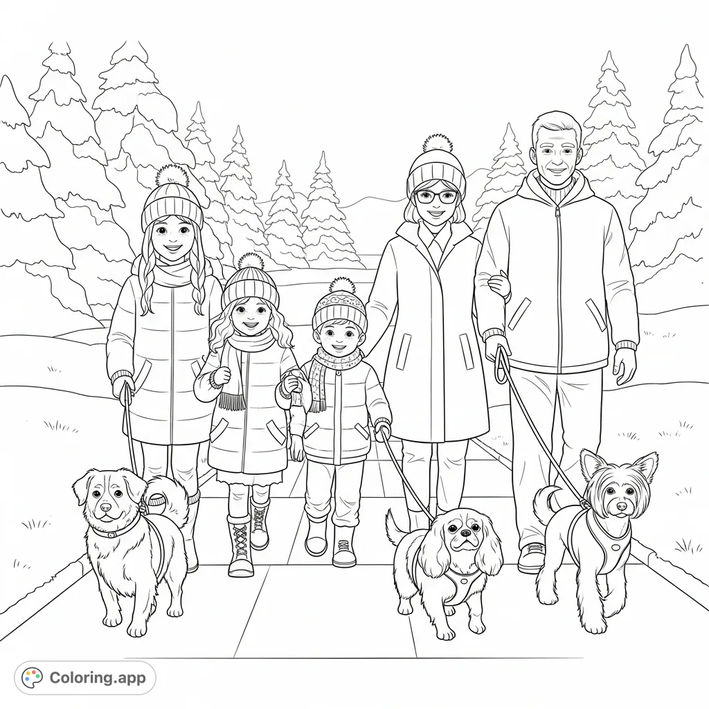 Capture the warmth of a family winter walk, featuring five cheerful individuals and three beloved canines amidst a snowy, serene landscape. Perfect for all ages!