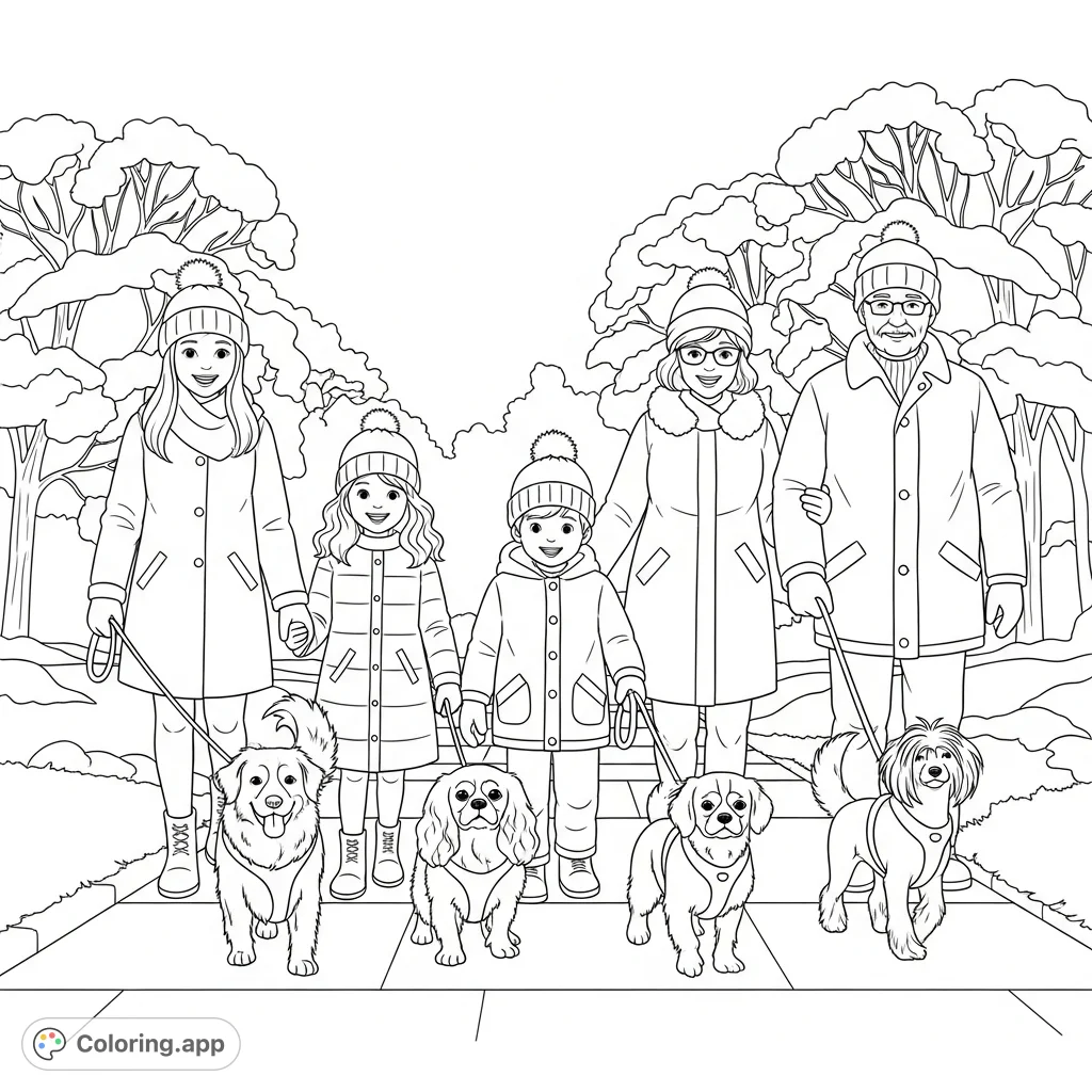 Capture the warmth of a family and their canine companions on a peaceful winter walk. A delightful scene with snow-covered trees and cheerful expressions.