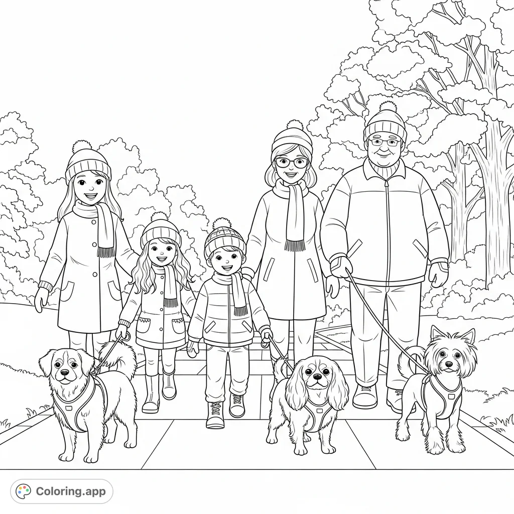 A delightful winter walk coloring page featuring a multi-generational family and their three dogs on a snowy sidewalk, bundled in warm coats and hats.