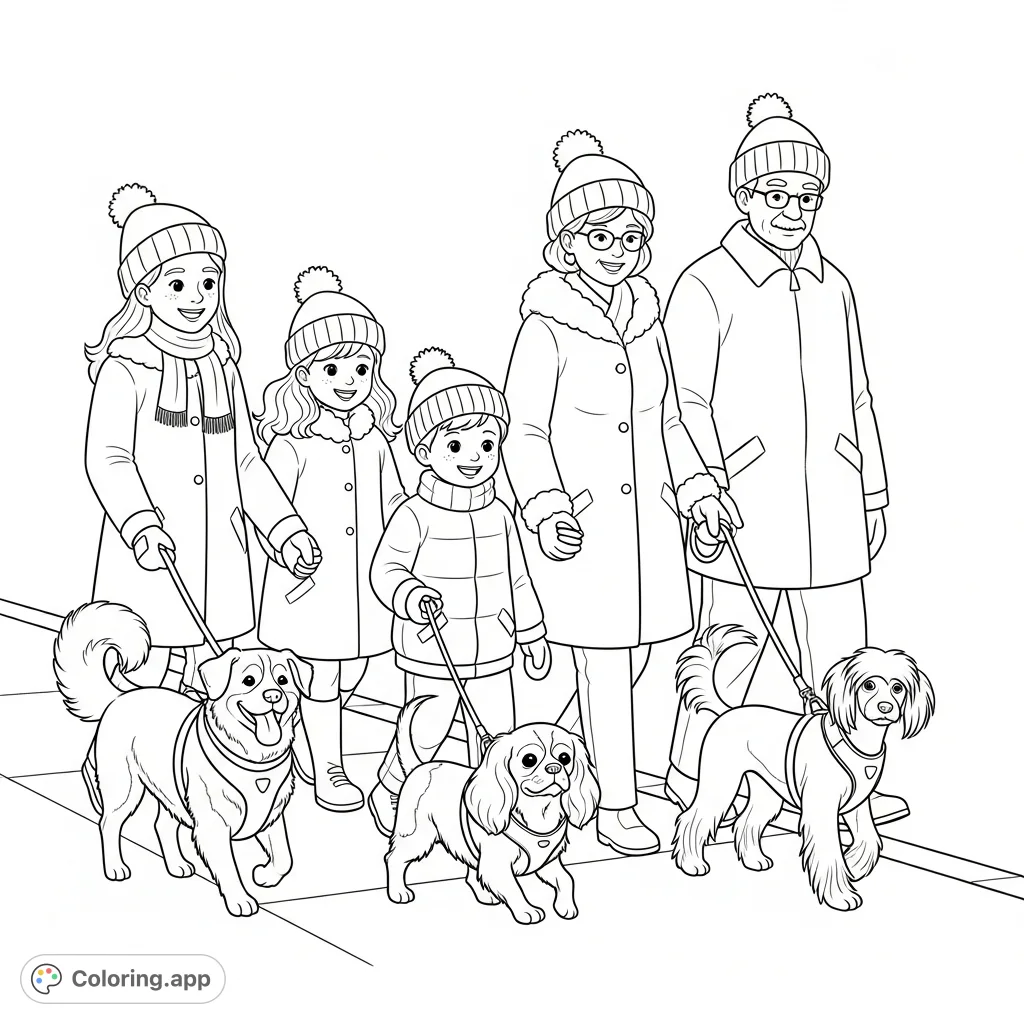 Capture the warmth of a family winter walk featuring five joyful individuals in cozy coats and three adorable dogs in harnesses, strolling along a sidewalk.