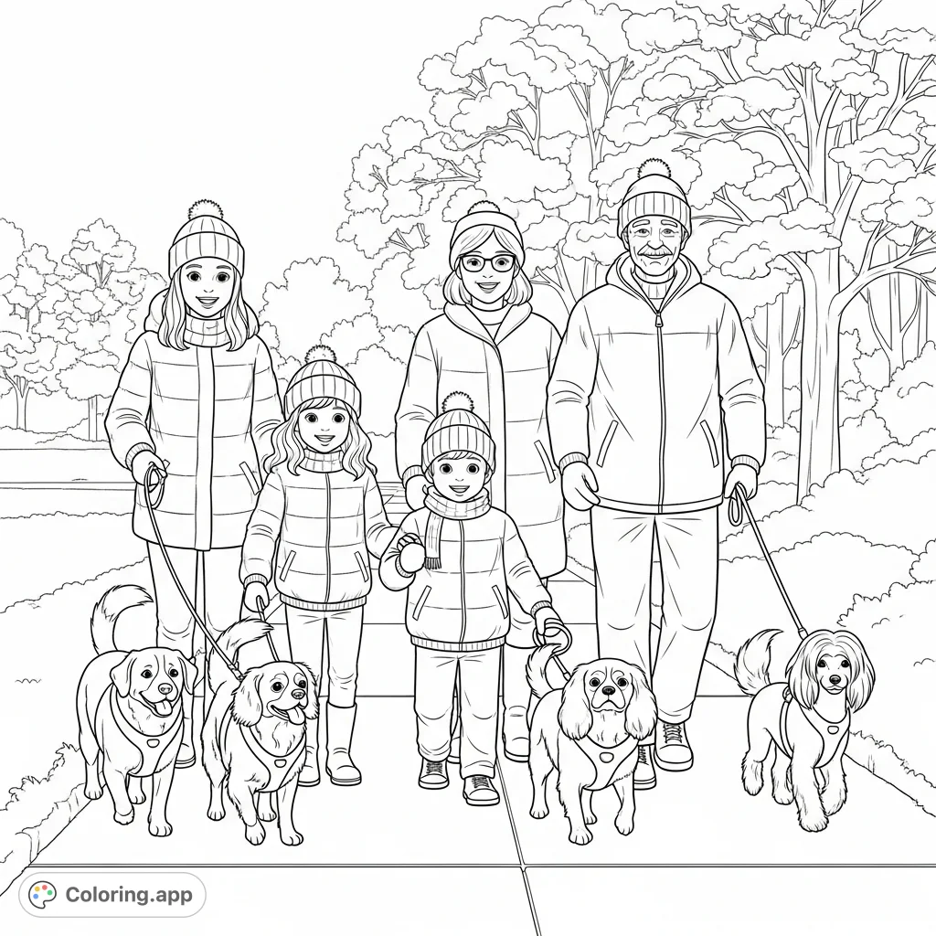 A heartwarming winter scene featuring a cheerful family and their three beloved dogs on a snowy sidewalk, bundled in warm coats and hats, sharing a peaceful walk.