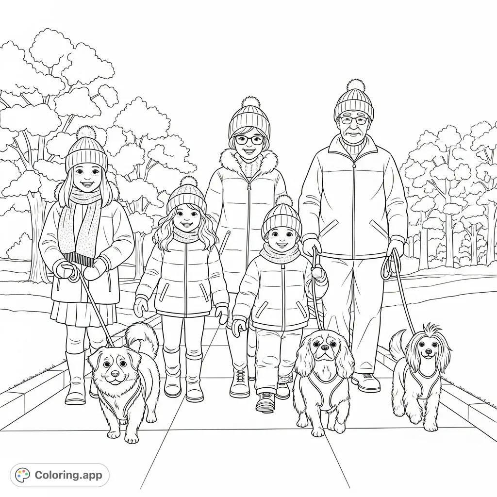 A heartwarming winter walk scene featuring a joyful family of five, including children and a grandpa, accompanied by three happy dogs on a snow-lined path.
