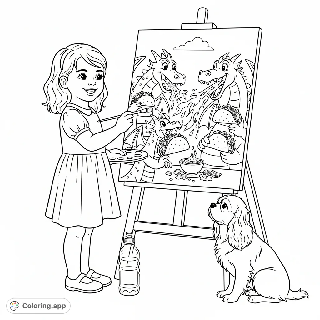 A cheerful girl paints whimsical dragons eating tacos on an easel, with her King Charles spaniel nearby. A fun, imaginative scene for coloring.