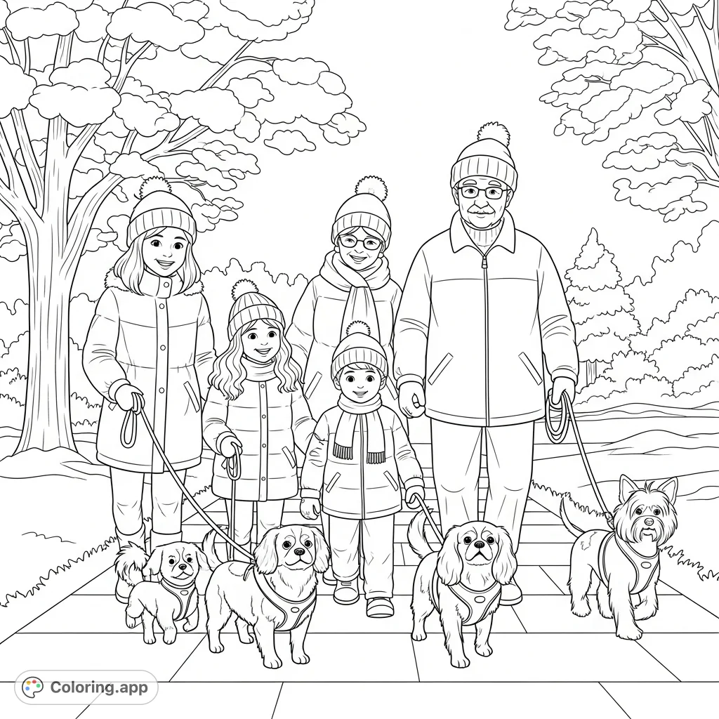 Five joyful individuals, from children to grandpa, walk a snowy path with three leashed dogs. A heartwarming winter scene for all ages.