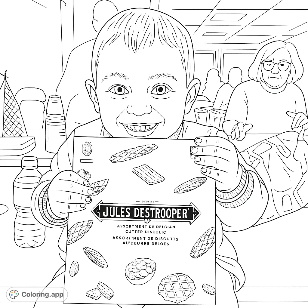 A delightful coloring page featuring a smiling child proudly holding a box of biscuits amidst a lively indoor gathering. Perfect for young artists.