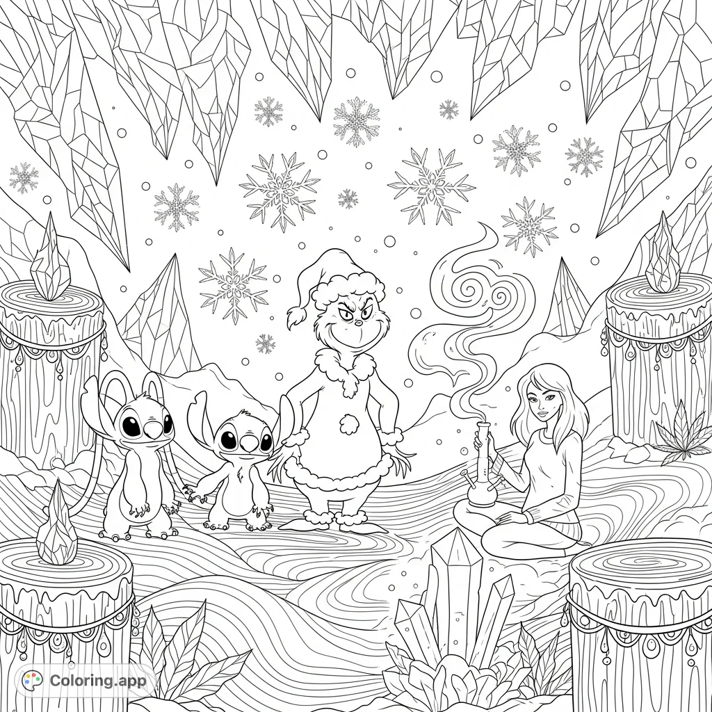Angel, Stitch, and Grinch in a fantastical winter solstice with psychedelic patterns, ice crystals, and a chilled vibe featuring a seated figure with a stylized bong.