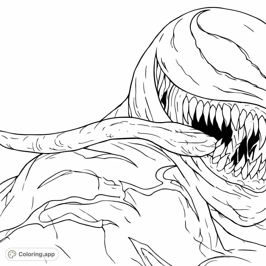 Unleash your creativity with this formidable symbiote creature. Featuring a menacing open mouth, sharp teeth, and long tongue, it offers an exciting coloring challenge.