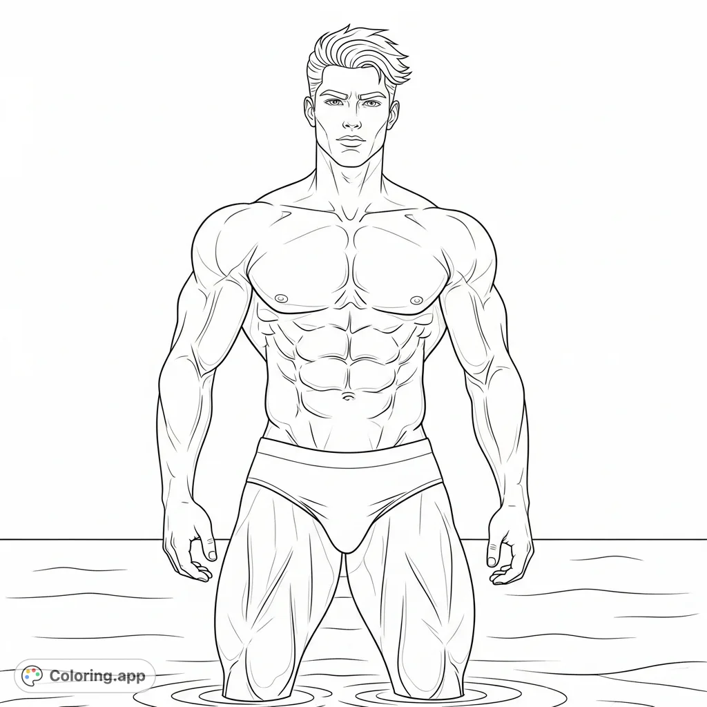 A detailed athletic man stands by water, showcasing a powerful physique with sculpted muscles and a strong, focused expression. Perfect for enthusiasts of strength and form.