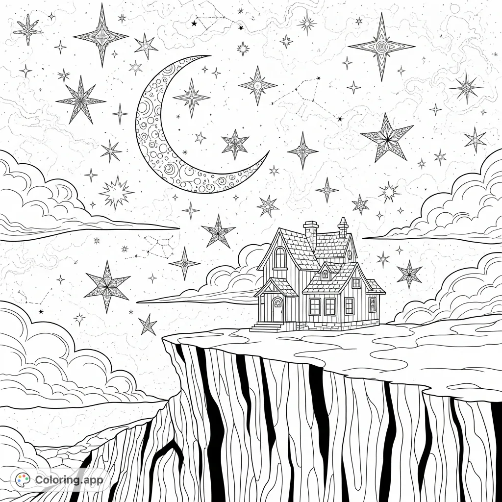 A magical nighttime coloring page featuring a cozy cliffside house, a grand crescent moon, and twinkling stars. Perfect for a calming coloring experience.