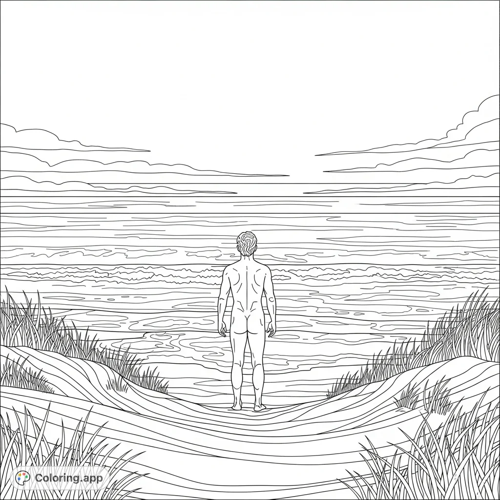 A detailed adult coloring page featuring an unclothed male figure on an expansive beach. Experience serenity and natural forms, perfect for mature colorists.