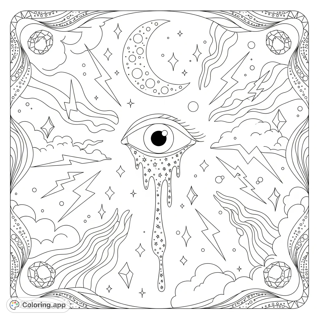 A surreal abstract eye with shimmering tears and stars, set against a background of luminous shapes, a crescent moon, and cosmetic-inspired patterns for a dreamy, emotional art experience.