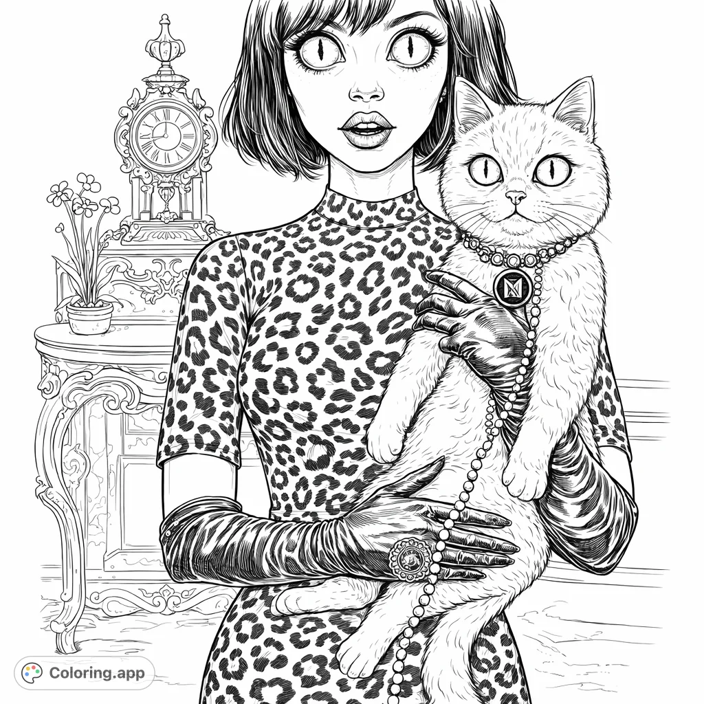 Discover an intricate coloring page featuring a stylized woman in a patterned dress holding a fluffy cat, set against a richly detailed interior with an antique clock.