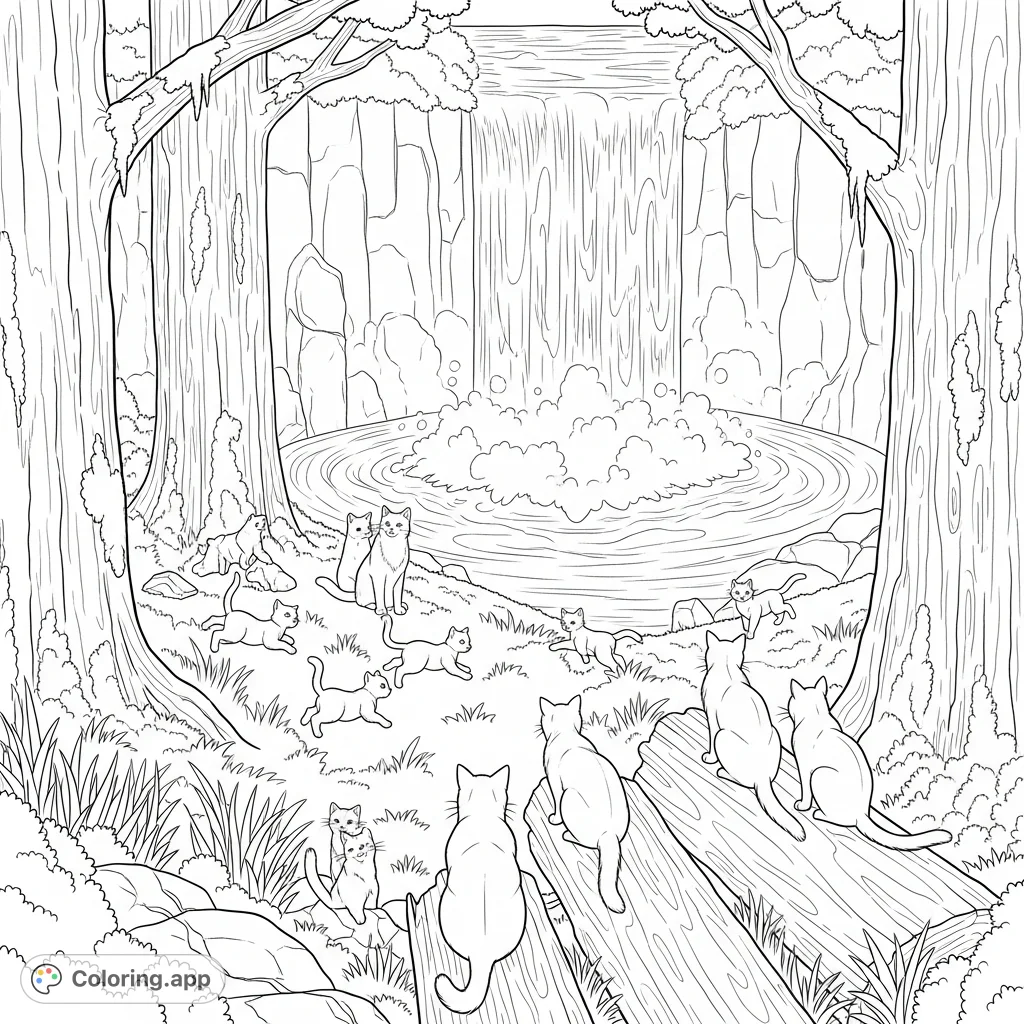 Discover a detailed forest waterfall coloring page featuring playful kittens and observing cats amidst ancient trees, swirling mist, and tall grass.