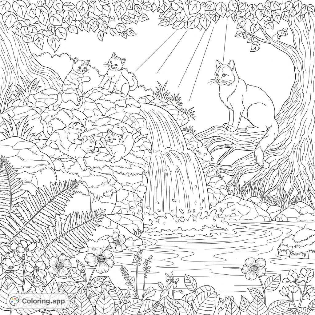 Discover a charming forest scene with playful kittens tumbling on mossy rocks by a cascading waterfall, watched by a serene older cat. A delightful nature coloring page.